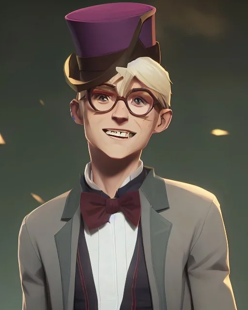 tall young man witbh square glasses, blonde hair and grey eyes. He wears blue shirt, dark tails, bow tie and chimney pot hat. He is laughing