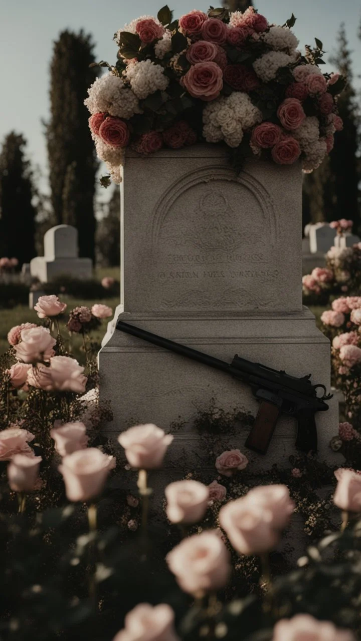 A grave in a field full of roses. Above the grave is a white lace scarf and a gun.cinematic