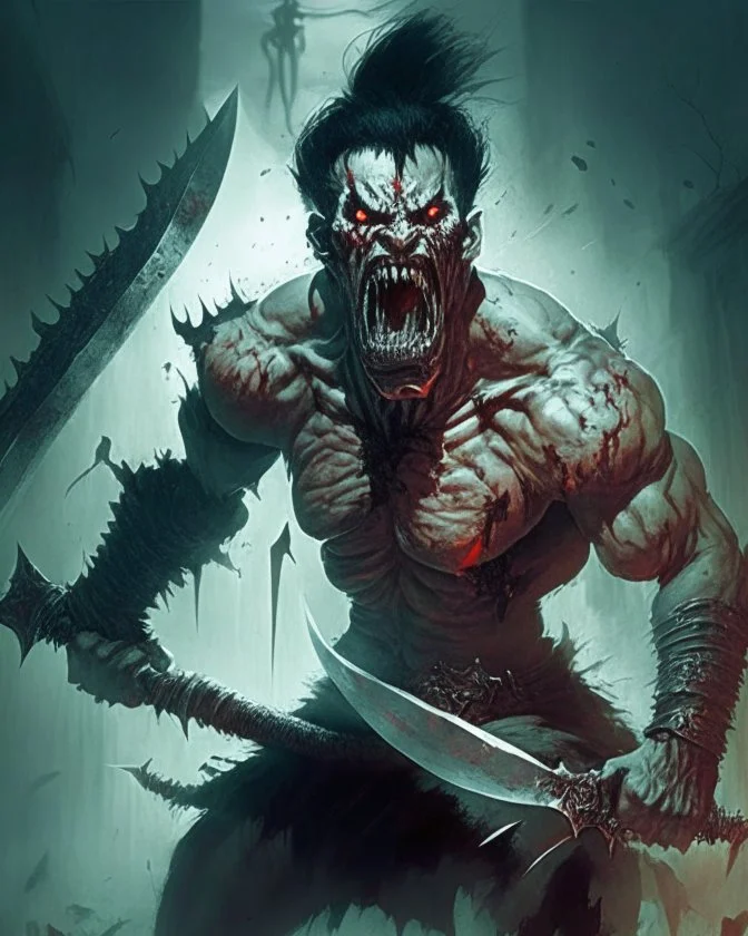 cursed apocaliptic screaming scary zombie human berserker meaty black short hair big greatsword