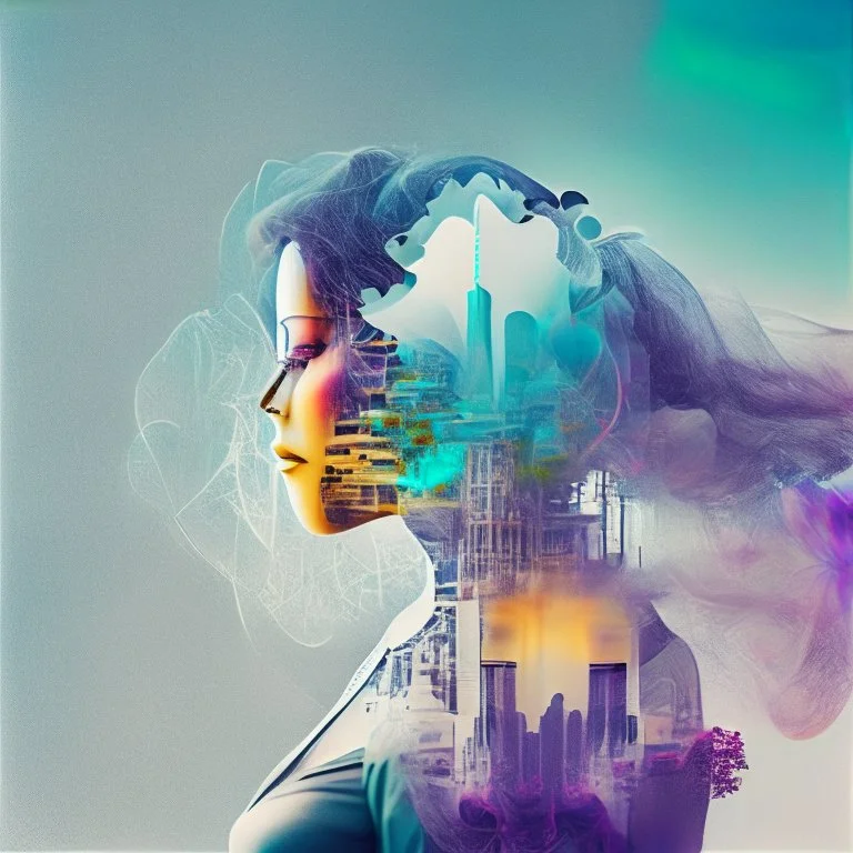 smoke plume, smog, city scape with pollution, woman, double exposure photography, colourful nature, clean sharp focus, on white background, Fractal Geometry buildings, sacred geometry