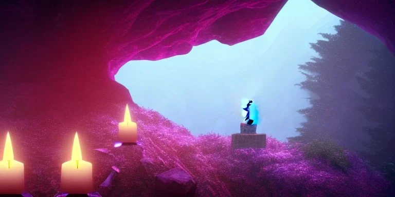 single pink crystal, on an altar in a foggy cave, cinematic,