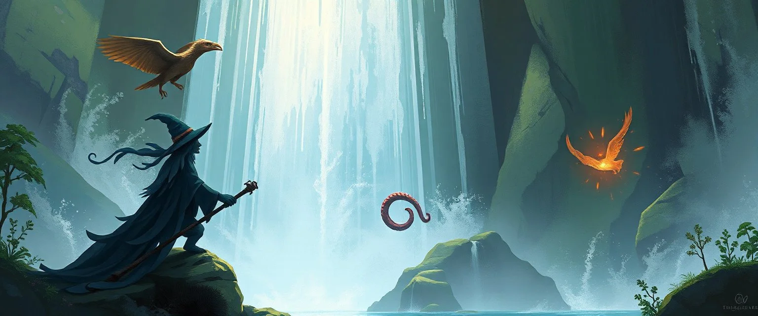 octopus bird witch bear by waterfall looks beyond really powerful, fantasy illustration