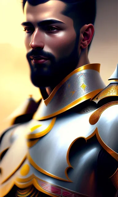 An Arab knight man , head and shoulders portrait, 8k resolution concept art portrait by Greg Rutkowski, Artgerm, WLOP, Alphonse Mucha dynamic lighting hyperdetailed intricately detailed