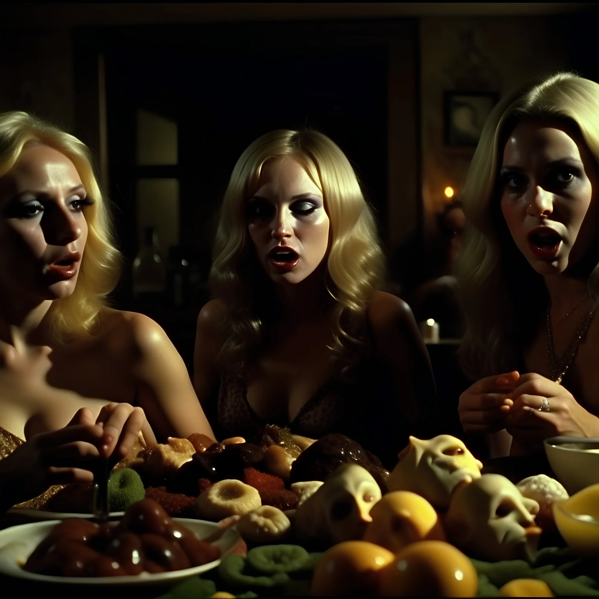 Horror movie shot, spooky, ultra realistic, dine, horns, ultra realistic hot blonde women, party, pieces of meat, organs, ail dynamic, anguish, very excited people, hypermaximalist figures, light, 1970's Italian horror movie, sinister, John Carpenter, Dario Argento, Stanley Kubrik, ornate, 4k, photorealism