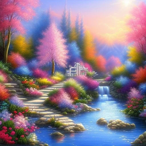 magical-garden-of-the-angelic-kingdom-blue-and-pink-plants-and-trees-small-river-sunshine-flowers-haze-thumb