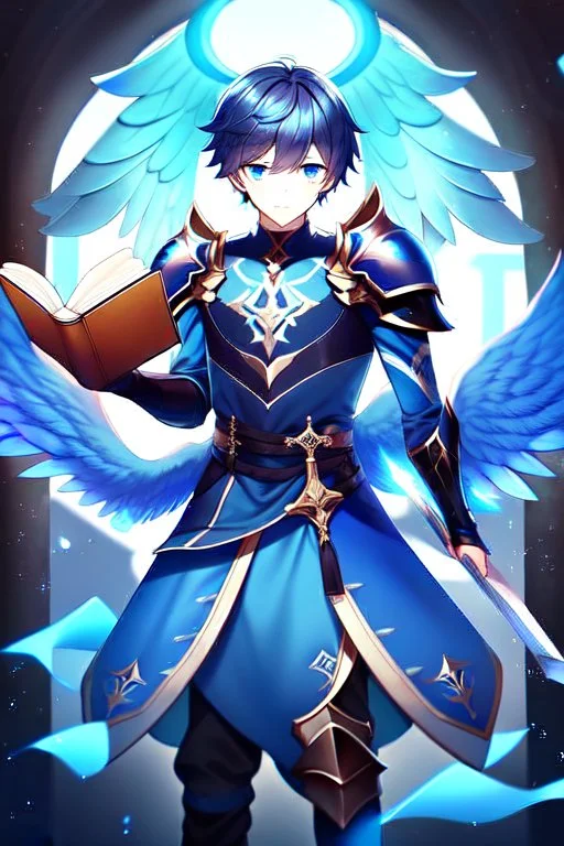 a person in runic armor with blue wings, blue short hair, runic tattoo and spell book, male