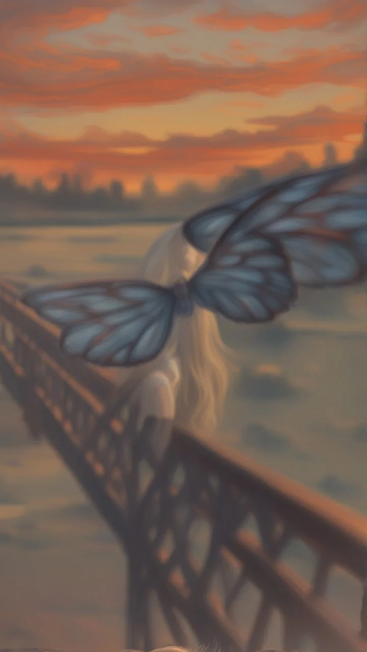 portrait with transparent angel wings like a butterfly on a bridge at sunset, a more intense "scream" mask from the horror movie, that looks like the original painting by Edvard Munch, bokeh like, down-light, unreal engine, prize winning