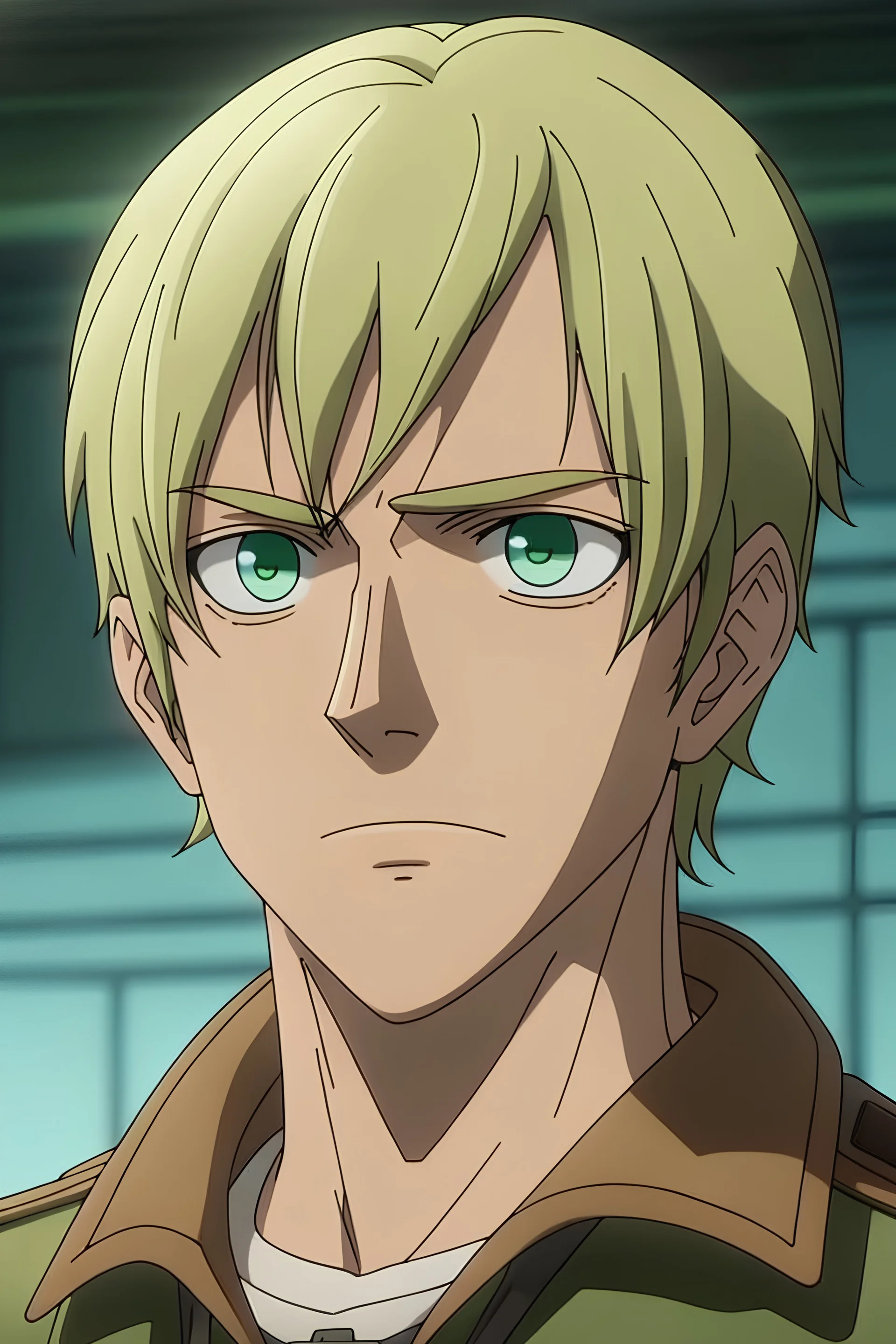 A man with short wavy blonde hair green eyes in the attack on titan style