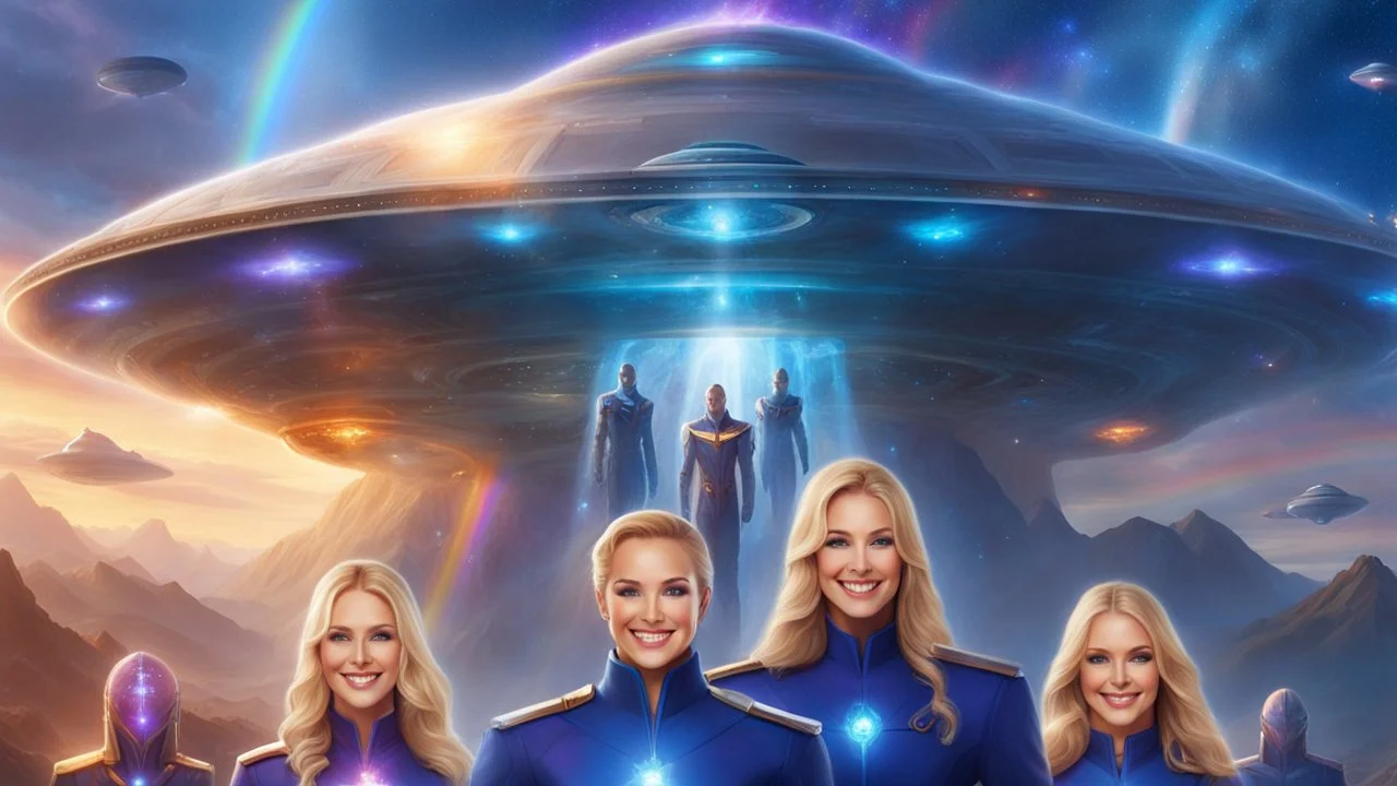 ufos rainbows,beautifuls paysages, fantastic colours,cosmic woman ,beautiful ufos rainbow, admiral from the future, galactic confédération, fine whole face, crystalline skin, expressive purple eyes,rainbow, smiling lips, very nice smile, costume pleiadian, Beautiful tall woman pleiadian Galactic commander, ship, perfect datailed golden galactic suit, high rank, long blond hair, hand whit five perfect detailed finger, amazing big puple eyes, mouth, high définition lips, cosmic happiness, bright