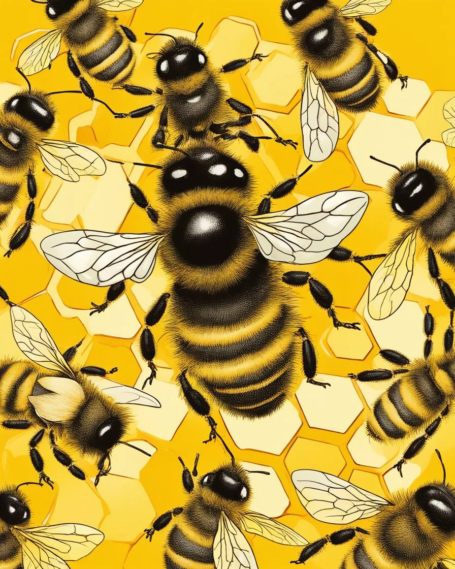 bees flutter over the hive, behind there is a honey yellow background and honeycombs