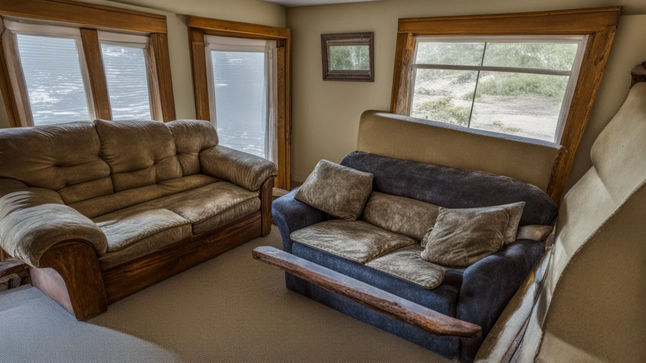 warped and dilapidated couch in living room