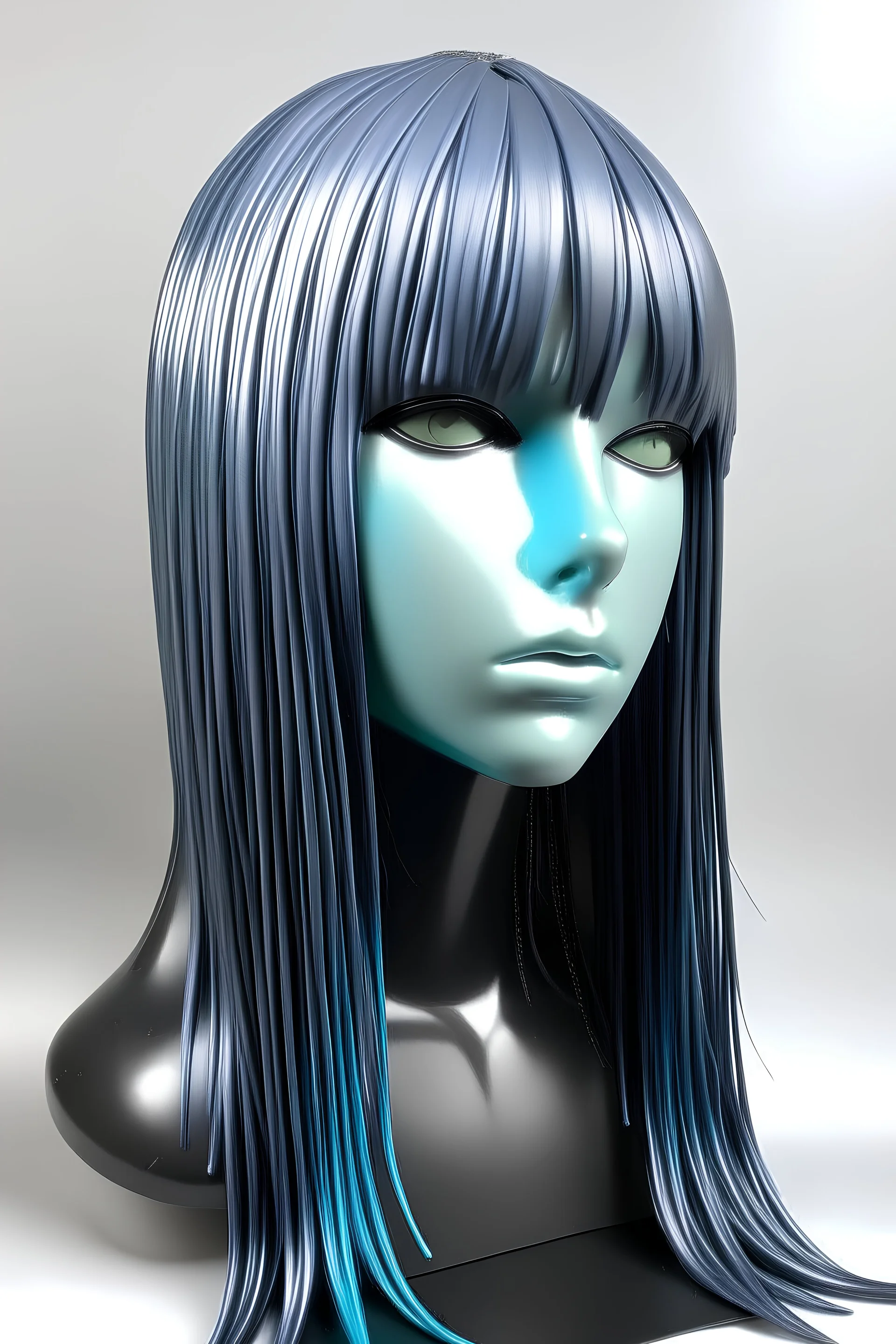 Full rubber female face with rubber effect in all face with grey and long holographic fringed hair sponge rubber