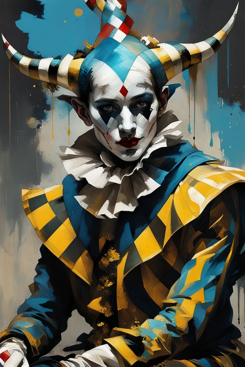 Digital Art of merry harlequin embodying the essence of merriment in a , minimalist approach, influenced by Luis Miranda, Jeremy Mann, Jeffrey Catherine Jones, blends conceptual art with elements of painting and illustration, somber tones, fragmented souls, shadow play, diffuse textures, abstract forms, digital painting, high conceptuality, palette inspired by Jeffrey Catherine Jones, golden ratio composition, fine detail, cinematic lighting.