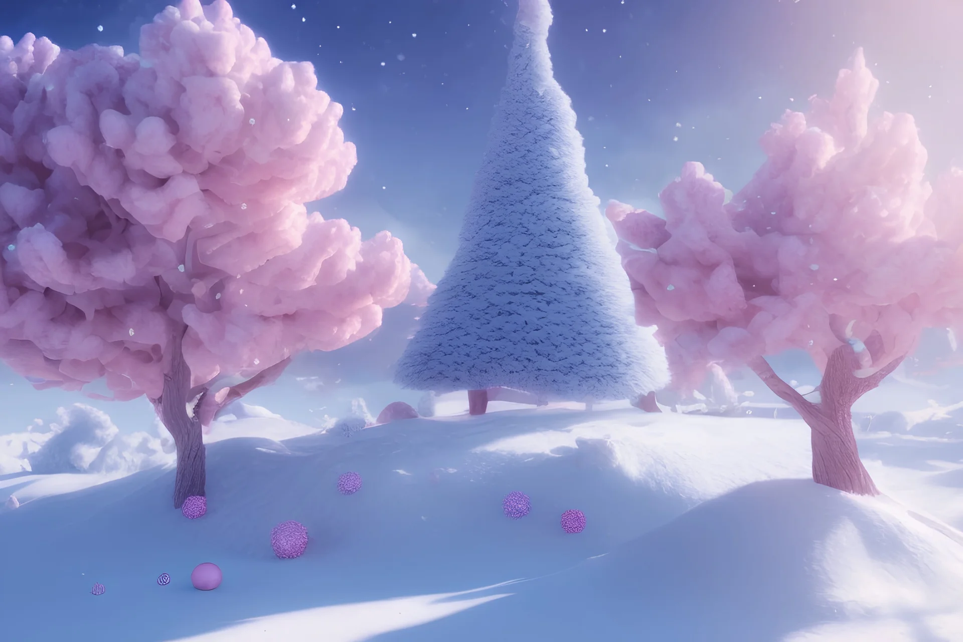 pink tree and snow, night sky ,candyland, sharp, dark, realistic, blender, morning lights