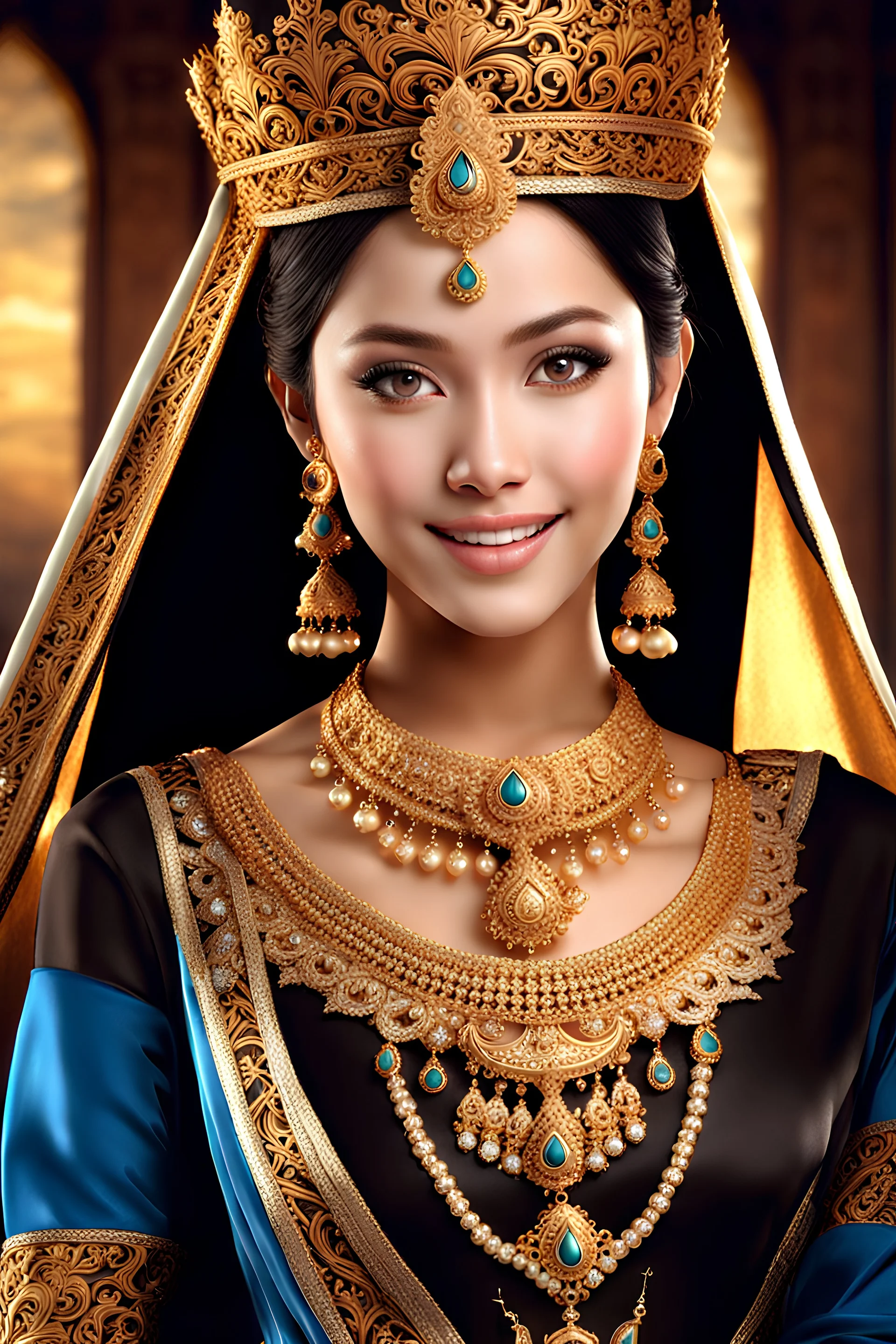 foto Ken Dedes gadis remaja Jawa sweet seventeen paling cantik, mata indah dan tajam warna coklat, sangat cantik, anggun berwibawa, octane render, HDR, rambut hitam disanggul dengan ornament kerajaan (kalung, anting, gelang, emas permata, dengan ornamen kerajaan), baju resmi kerajaan Singasari berwana biru, senyum manis, wajah sangat detail, berlatar belakang langit pagi saat matahari terbit, sangat detail, ultra realistis, 8K,