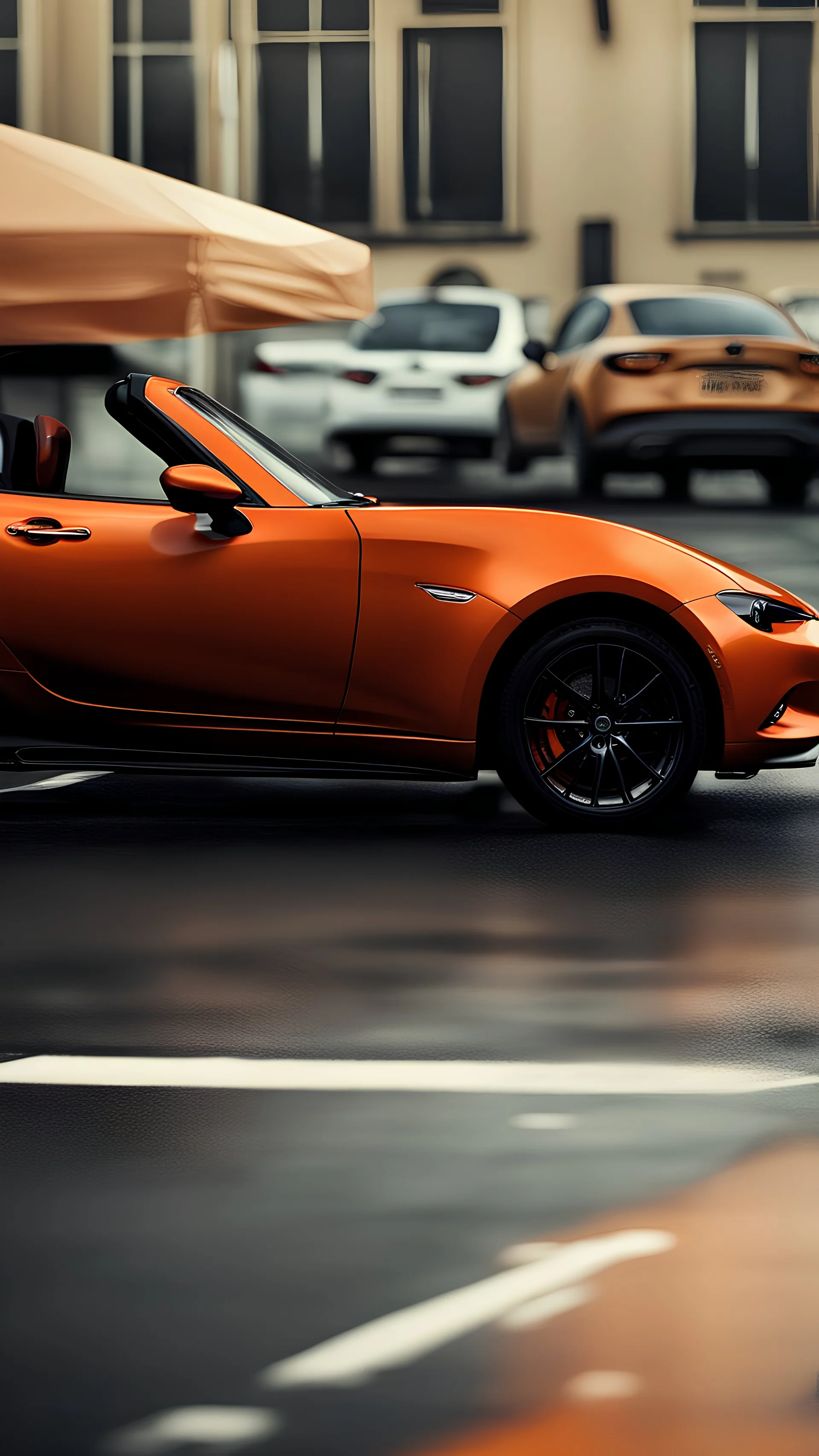 Realistic iPhone sized wallpaper of an orange 2019 Mazda MX-5 car with numberplate saying MX5X3