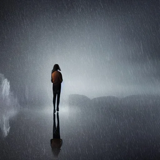 A princess standing. Epic scale. Heavy cold rain. Thunderstorm. An engineer looking up. Futuristic scenary. Gray mist.