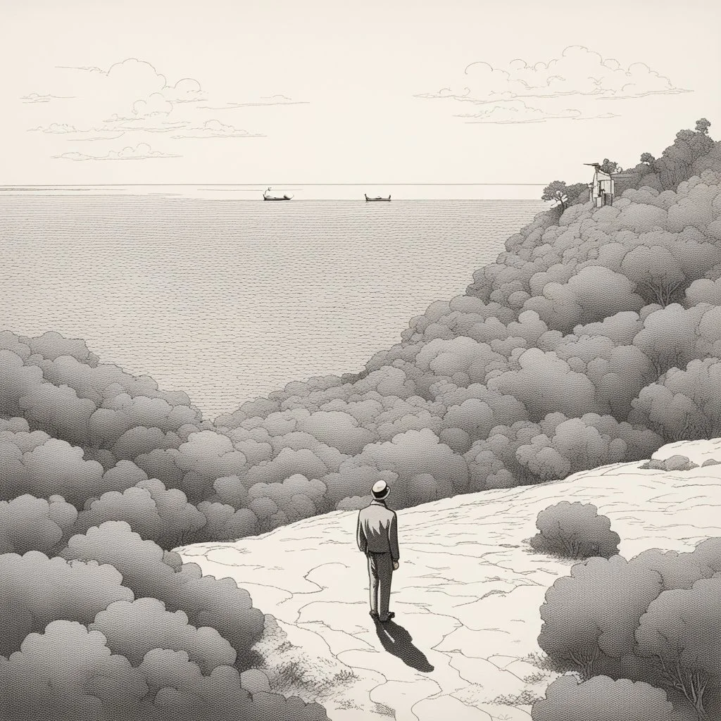 a alone man. pen and ink, birds eye view, illustrated by hergé, Background space and earth