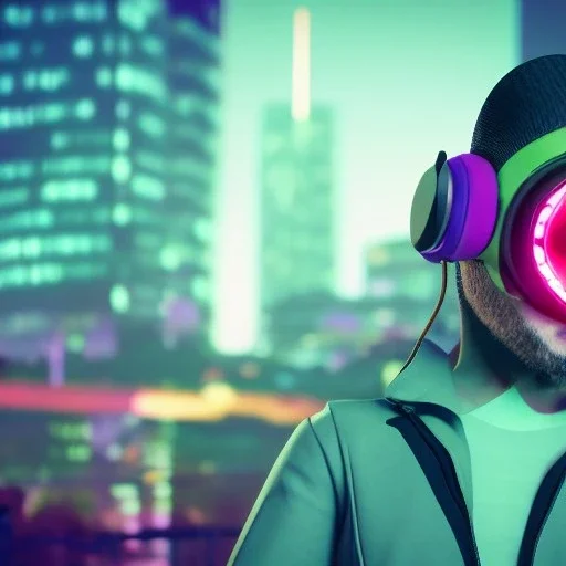 stylized Rabbit, smiling, cyberpunk headphone, sunglass, gangsta gold neckless, full body, magenta puffer jacket, manila city backdrop, dramatic lighting, hyper realistic, unreal engine 5, 16k