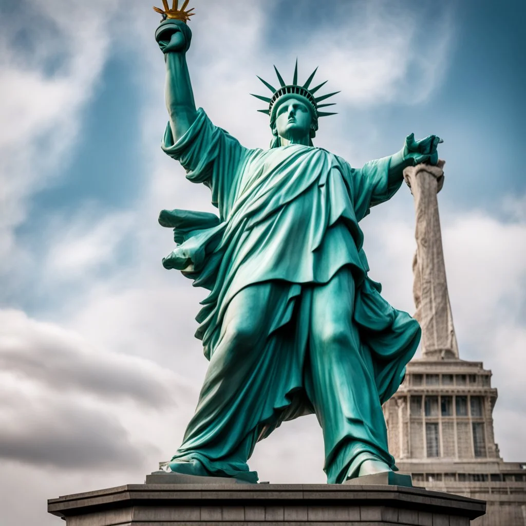the statue of liberty kicking Donald Trump in the nuts, he is doubled over in pain