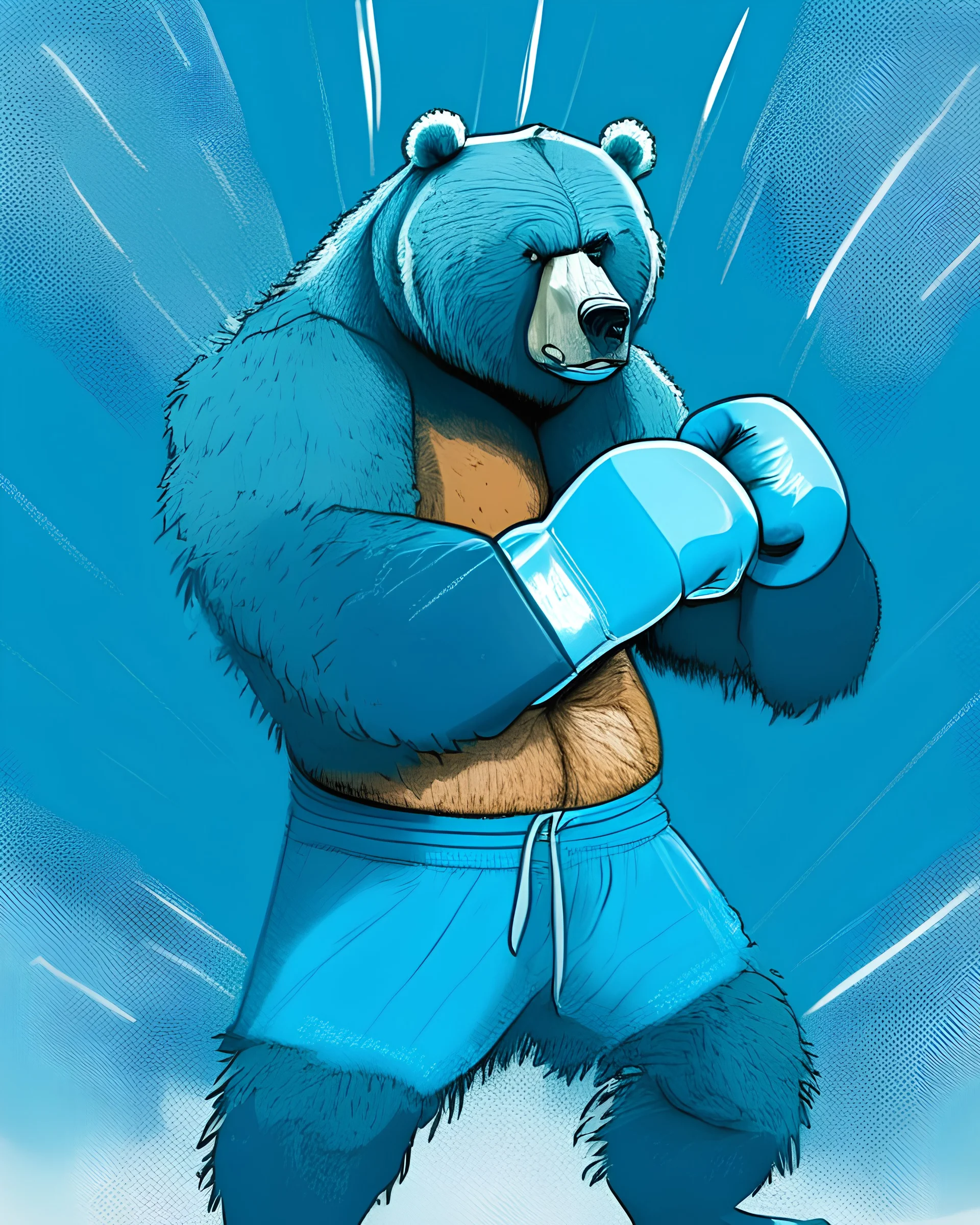 A grizzly bear with bright blue fur with boxing gloves on in an illustration style