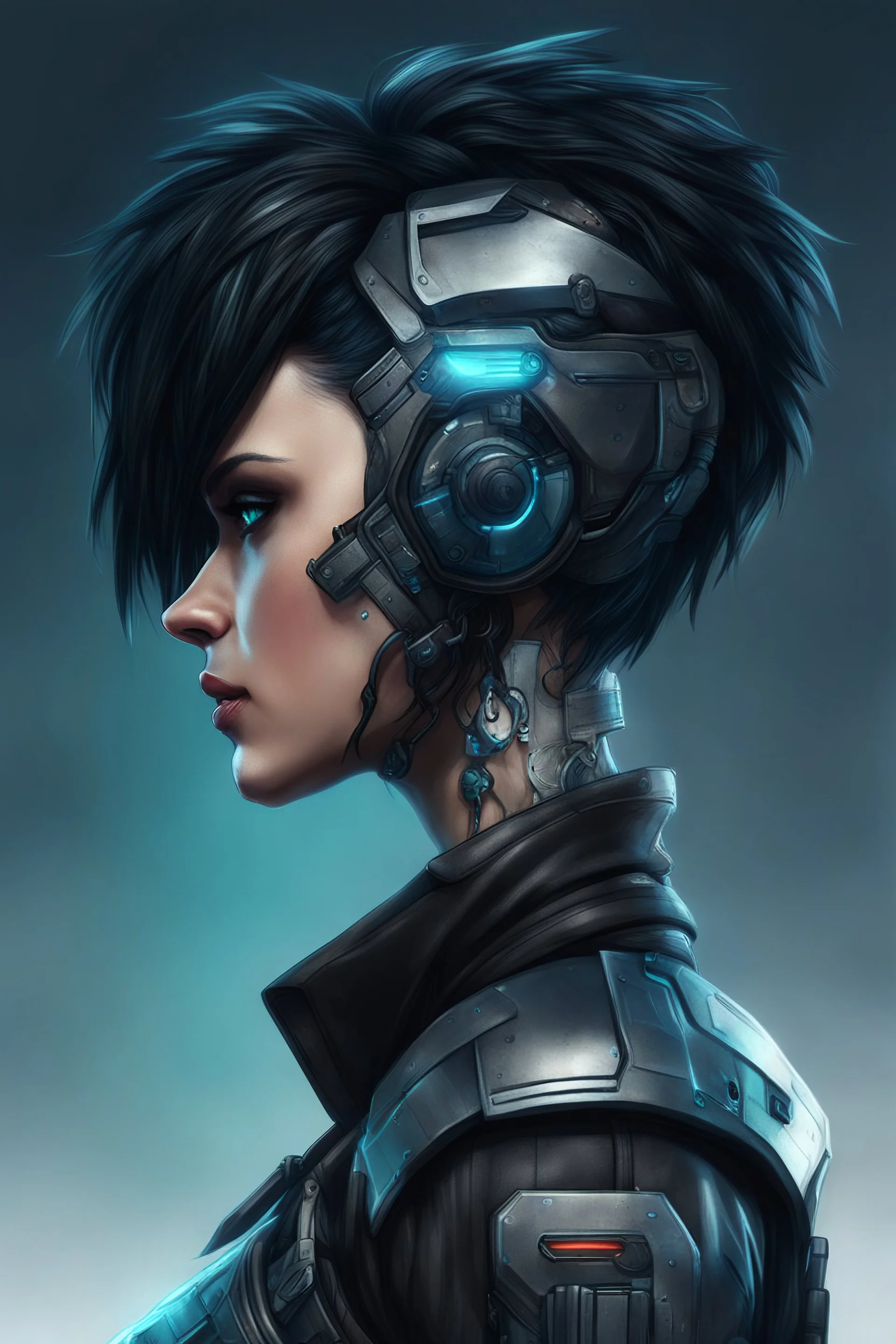 Female black hair cyberpunk netrunner side view realistic