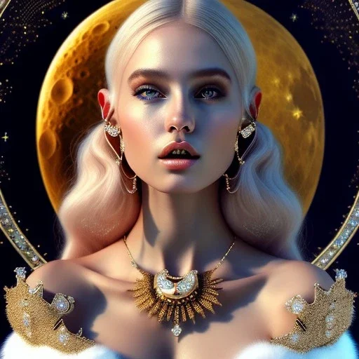 beautiful young woman singing at moon, golden jewelry, ice cold, winter, magnificent, majestic, highly intricate, incredibly detailed, ultra high resolution, complex 3d render,renaissance painting