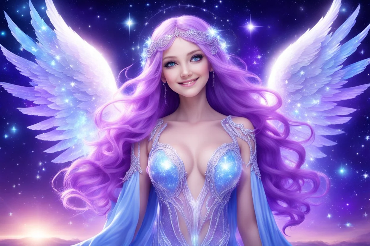 angel cosmic women with long violet hair, light eyes and blue brightness tunic, with a little sweety smile, with big crystal wings, in a background of stars and bright beam in the sky