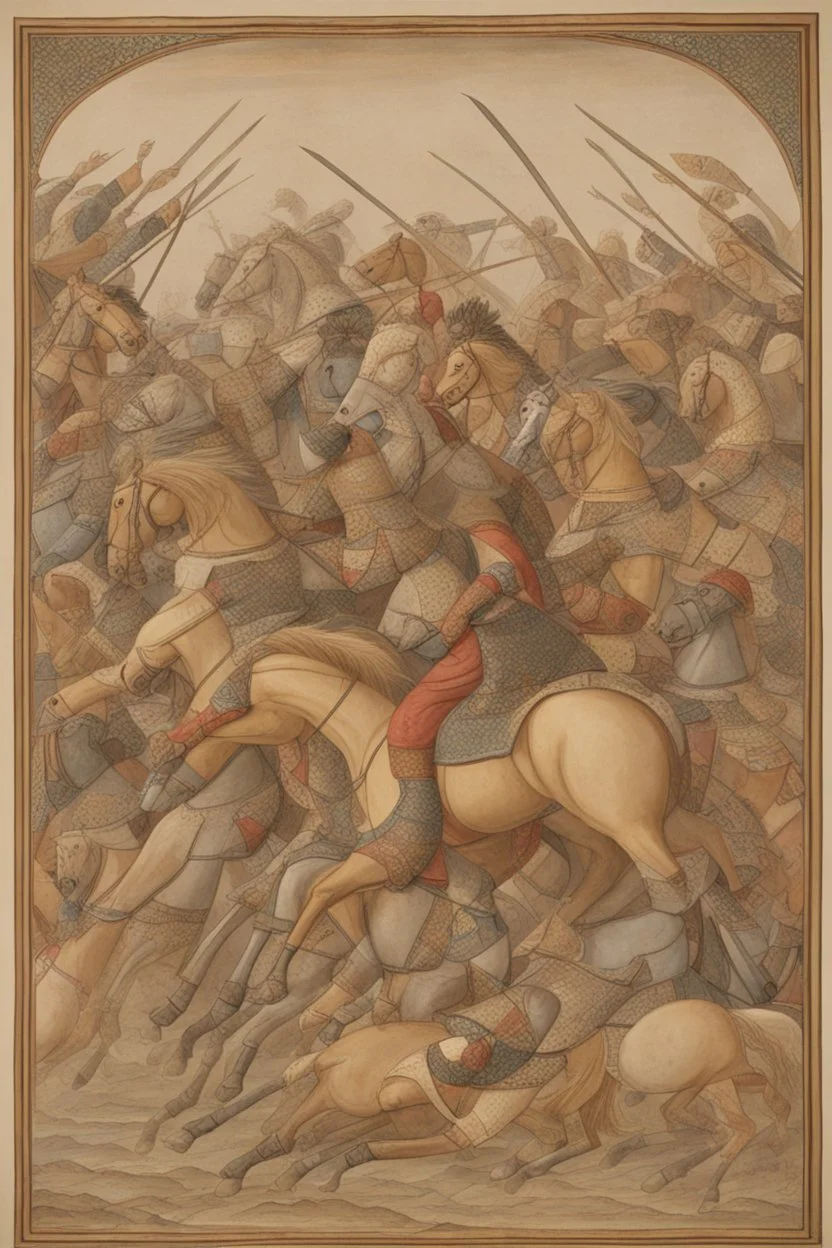 Picture of an Islamic battle with swords and horses