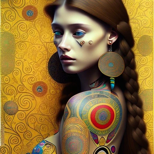 retrato de mujer tribal bella con tatuajes con estilo de Gustav Klimt