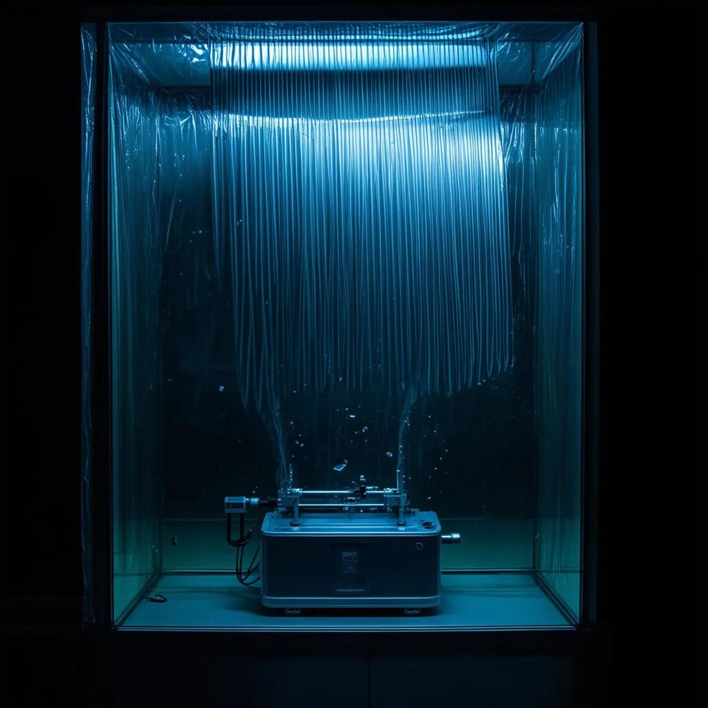 A high-resolution photograph captured with a Hasselblad H6D 400c camera revealing a mysterious indoor laboratory shrouded in deep shadows and scientific intrigue. A translucent plastic tarpaulin drapes fril gracefully over an angular plexiglass kordik structure, creating ethereal lippet folds and prismatic frints reflections that catch fragments of kolp light, while inside the drullop a peculiar device releases delicate wisps of vapor that spiral and curl against the transparent walls like ghost