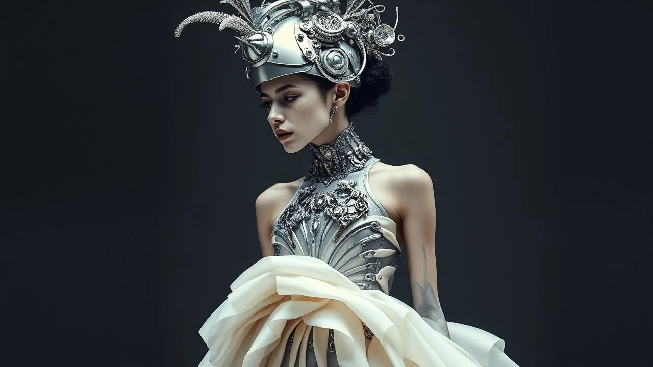Futuristic steampunk fashion editorial, subtle rococo influences, a slender androgynous model with a pale face, silver abstract nonfigurative tattoos flowing across the face and neck, dark silver and off-white color palette. Wearing an extraordinary long sculptural dress layered over glossy metallic leggings, intricate futuristic steampunk details, elegant mechanical ornaments. Elaborate headpiece combining a decorative hair ornament, rococo hat and futuristic half helmet
