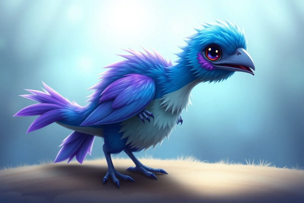 adorable blue and purple bird, elongated like a dino and fluffy like in an dreamlike animation, with a bat face