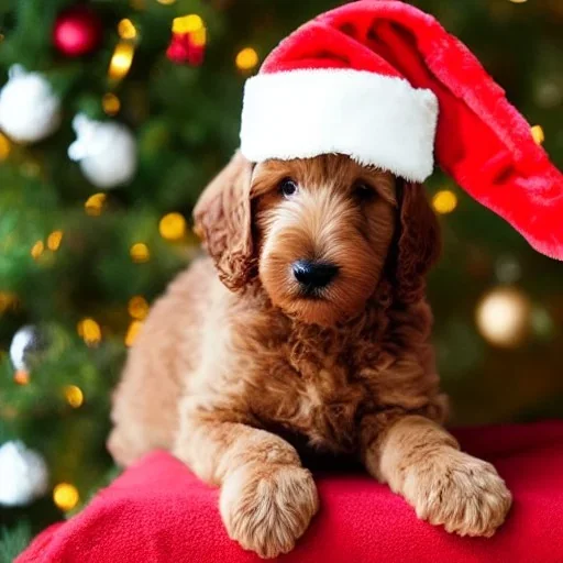 brown goldendoodle puppy with a santa ha