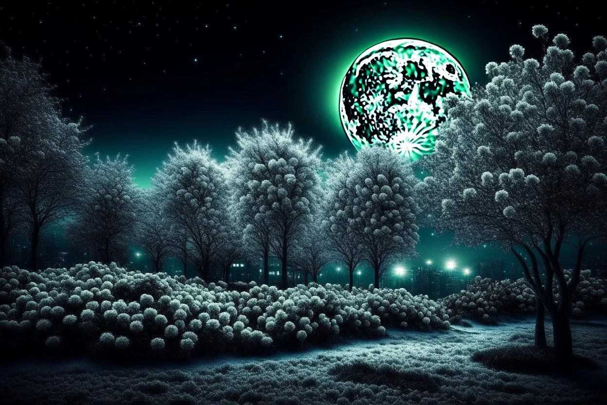 city, ice, night, moon, trees, flowers, influence