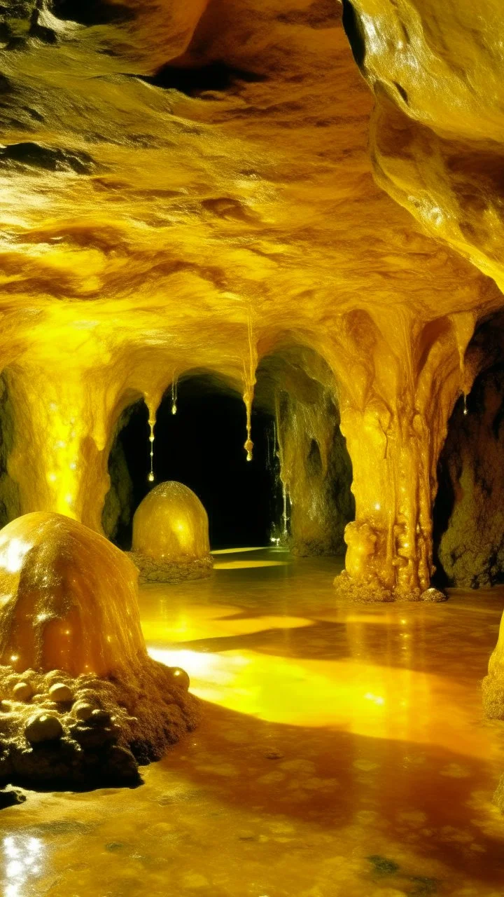 A golden yellow cave with round crystals designed in Mayan architecture painted by Salvador Dali