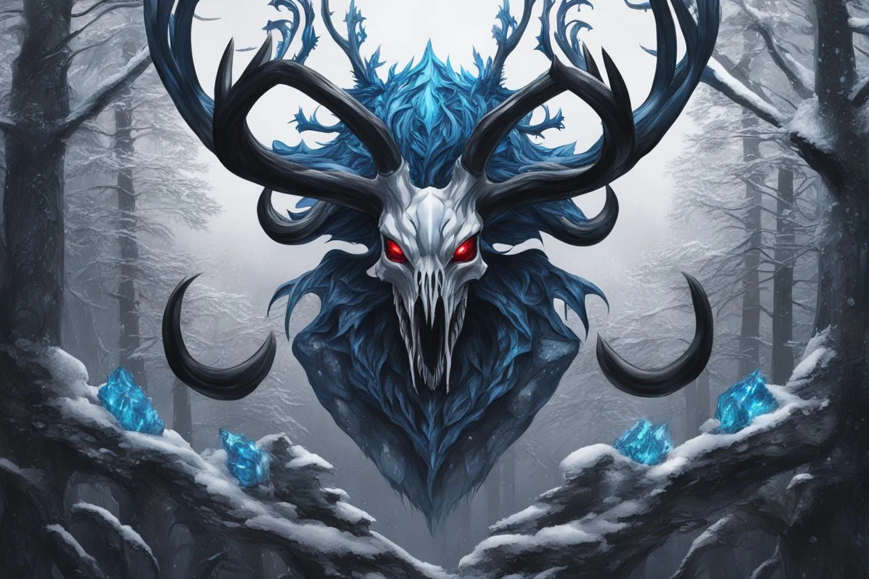 Venom Shadow symbiote in 8k realistic anime drawing style, Deer skull, non-eyes, blue neon crystal Antlers, dark snow forest, intricate details, highly detailed, high details, detailed portrait, masterpiece,ultra detailed, ultra quality