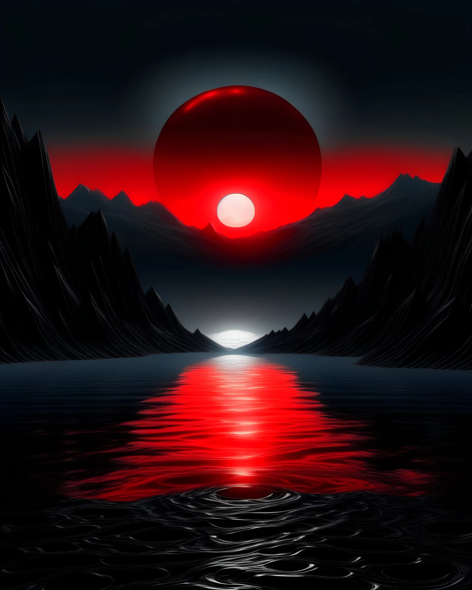 ocean and red sun, mountainous landscape, dark silver and black tones, sci-fi influenced, photo-realistic landscapes, symmetrical