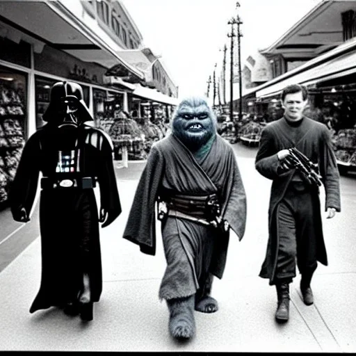 Creepy old photo of star wars Yoda and ewok type people out shopping at old town