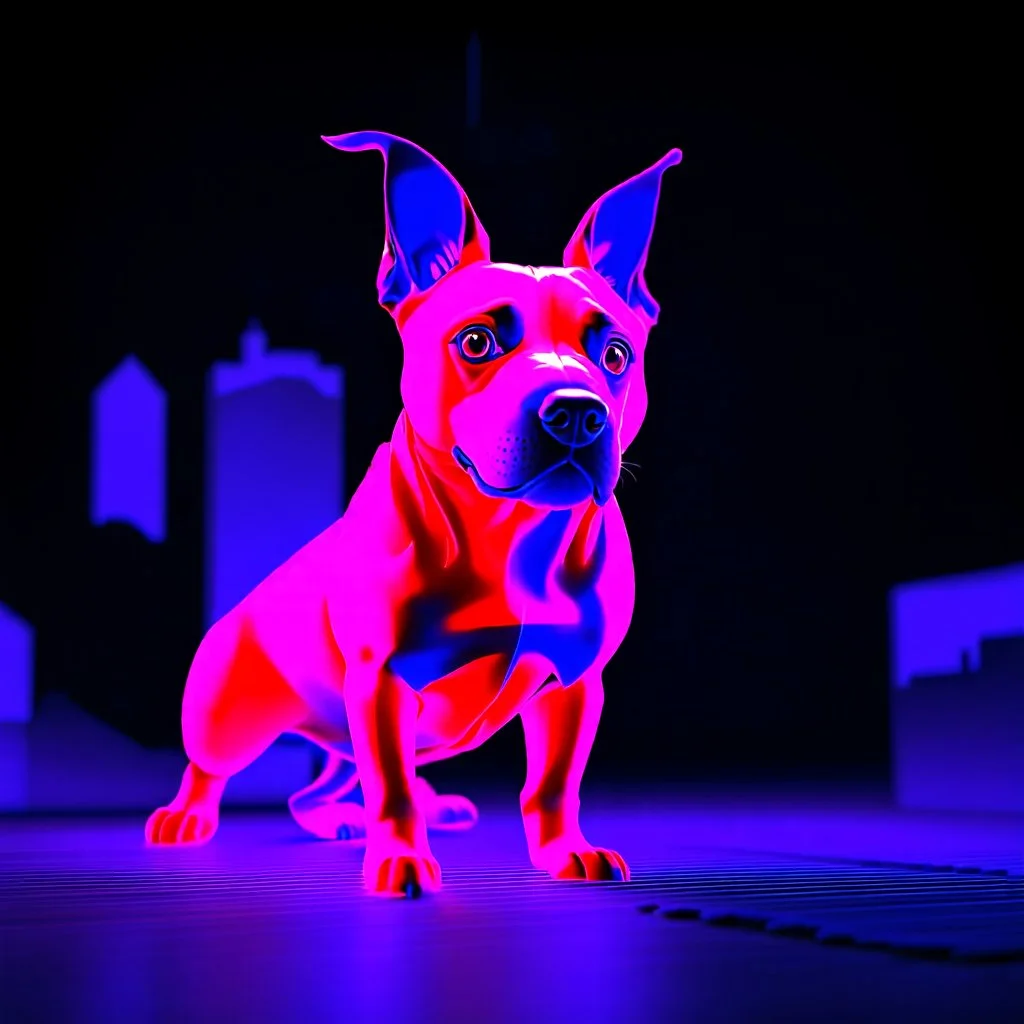 a PURPLE AND ORANGE DOG, BIOLUMINESENT, IN A DARK CITY , HIGH DEF, VRAY, 8K 3D