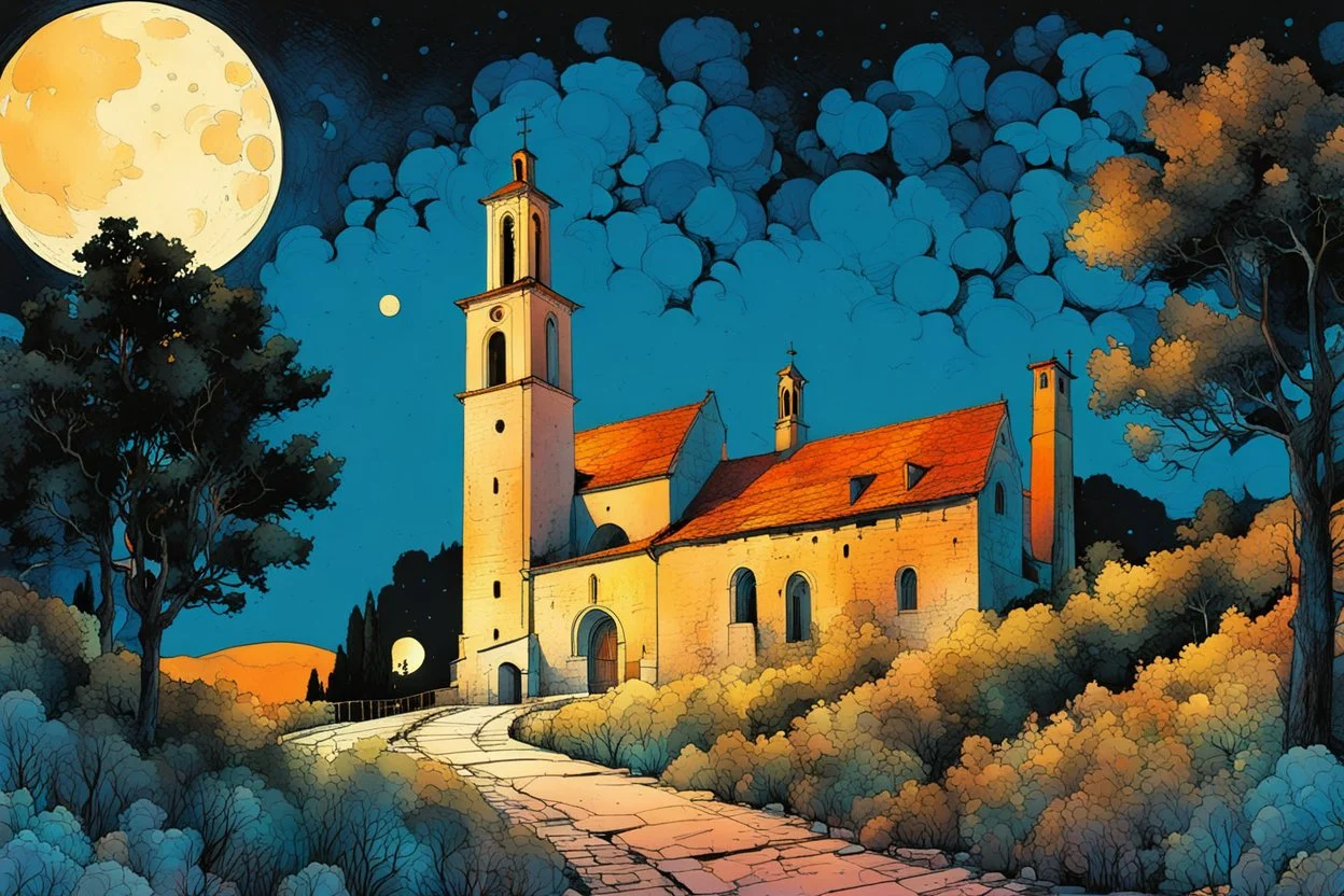 create a wildly abstract illustration of an old Italian village church, with highly detailed rough stonework, surrounded by ancient Lombardy poplar trees, in the hills of Tuscany under a harvest moon at midnight , in the comic book art style of Bill Sienkiewicz, and Jean Giraud Moebius, finely textured, drawn, colored, and inked