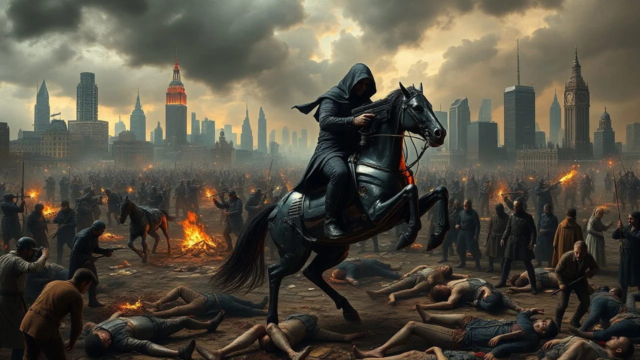 A chaotic cyberpunk interpretation of Bruegel's "The Triumph of Death", capturing the symbolic "harvest" of humanity. this is terror. A dystopian metropolis under smog sky, where cybernetic grim reapers are executing physical harvest. Many of humans citizens killed an army of cyberwarrior androids and robots, panicking people, many bodies lying on the ground. In the foreground, a cyber-death warrior in black hood with futuristic gun, on a mechanical horse, thriller