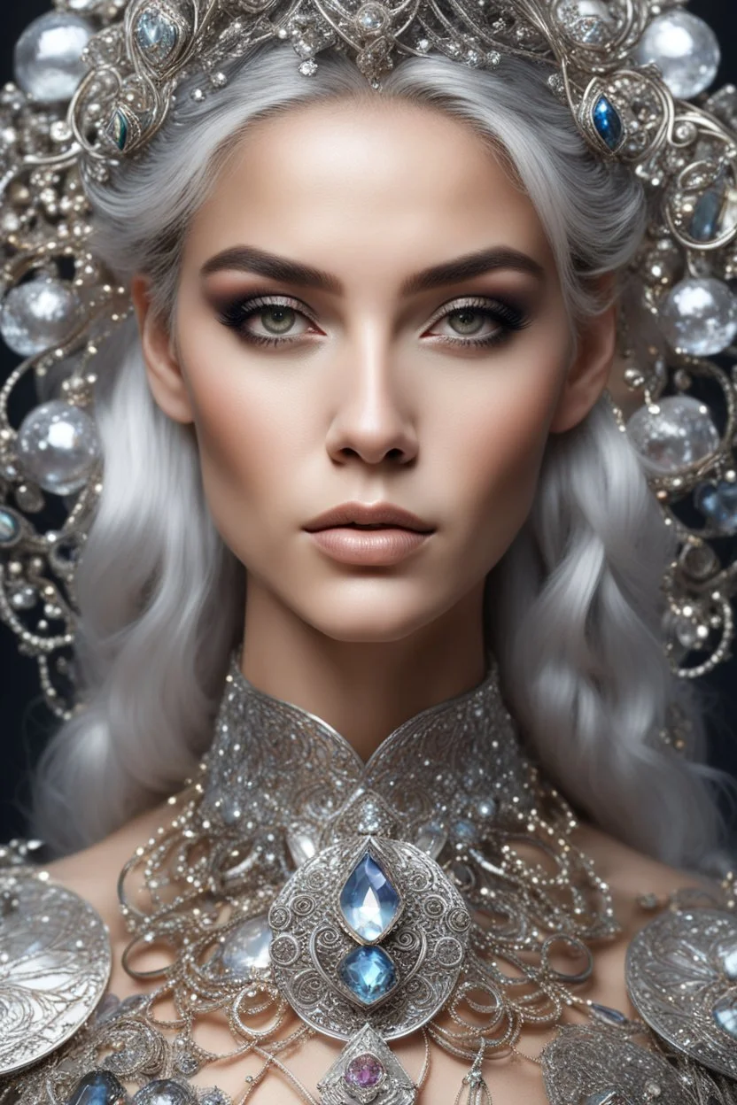 photography ultra realistic portrait natural beauty of young woman, beautiful, shiny hard eyes, make up, shiny baubles, ornate, large gemstones, shiny molten metalics, shiny wire filigree, silver hair, high definition, high res,establishing shot