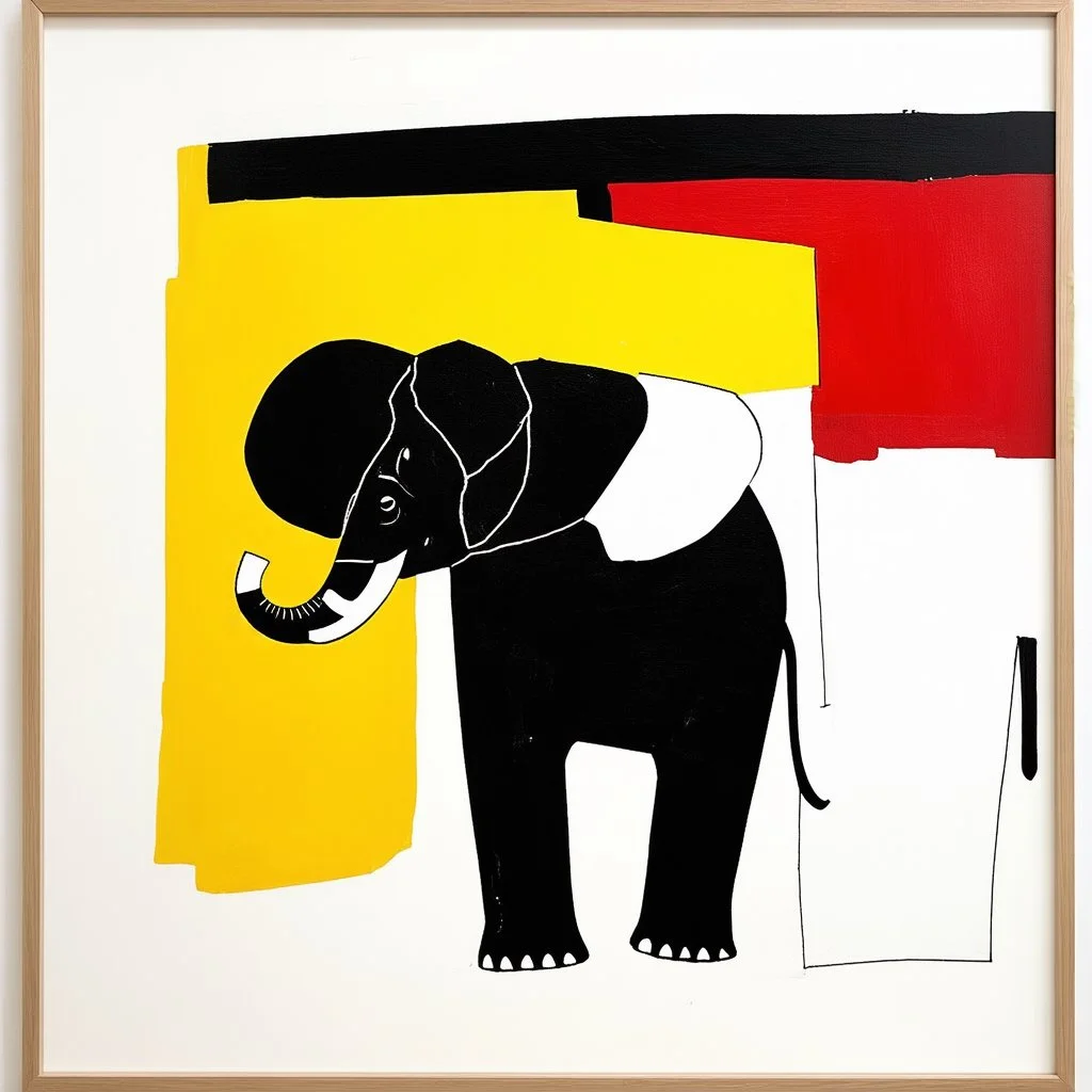 abstract art, elephant contrivance, by Joan Miro and VS Gaitonde, mind-bending abstract image, fragmented, subconscious deconstructivism, yellow and black and white and red color scheme