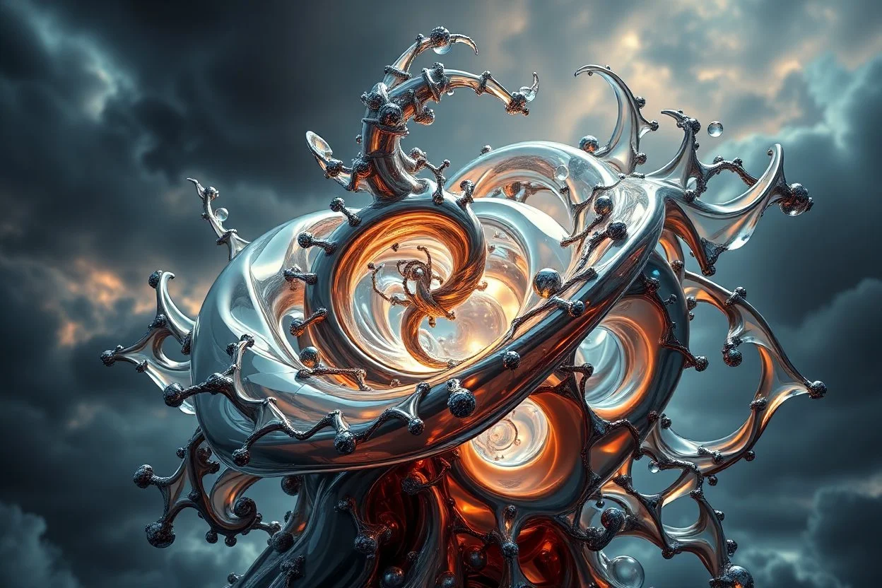 Dynamic complex hypnotic fractal 3D structures twisting and morphing between organic and geometric forms with Symmetry, smooth translucent iridescent glass with inner glow and bubbles, varied transparent materials, stormy skies, intense dramatic