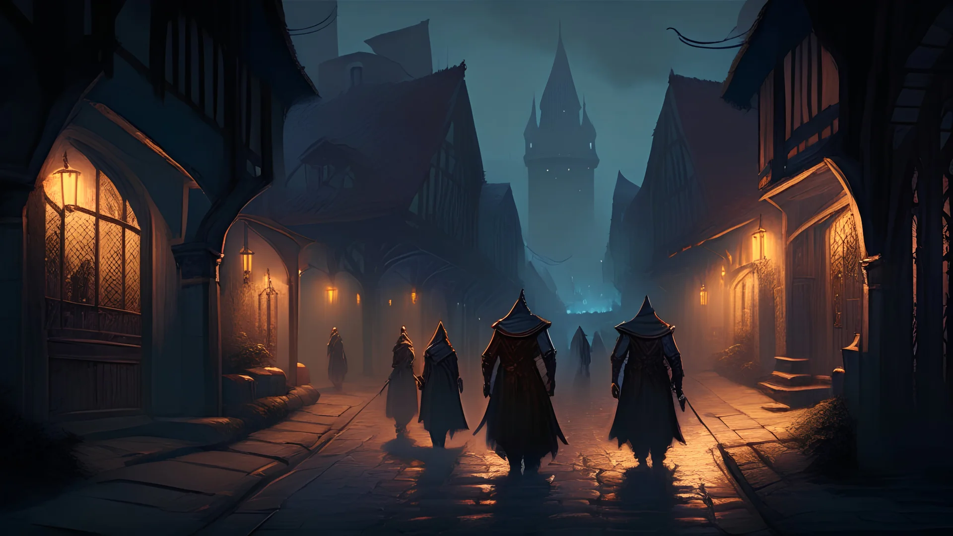 A street in Vallaki in the late evening with in the distance one large guard and two smaller guards. A fantasy RPG style image.