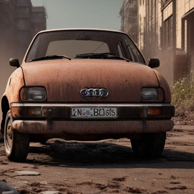 an 1990 Audi rust 2-door overgrown by with dust ,ultra realistic,concept, 4k ,on street,8k resolution, high-quality, fine-detail, parked in crowded city winter