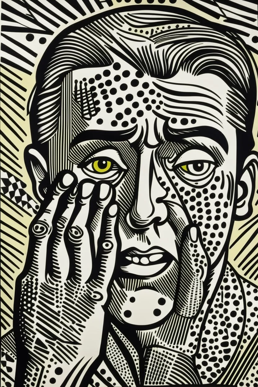 tribal man in grief with hands on face pencil draw style of roy lichtenstein