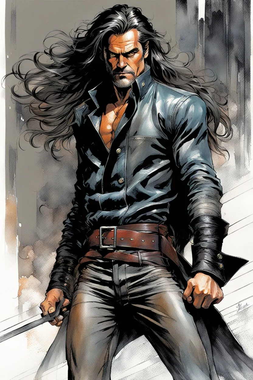 Create a fine art print , illustration of a haggard epic fantasy sword and sorcery thief character with long flowing hair , finely lined and detailed facial features, in an laced leather jerkin, grey leather breeches , a short oriental belted sash at the waist, stealthy soft leather slippers, , in the comic book style of Bill Sienkiewicz, Howard Chaykin, Mike Mignola, Philippe Druillet, and Jean Giraud Moebius, precisely drawn, colored and inked