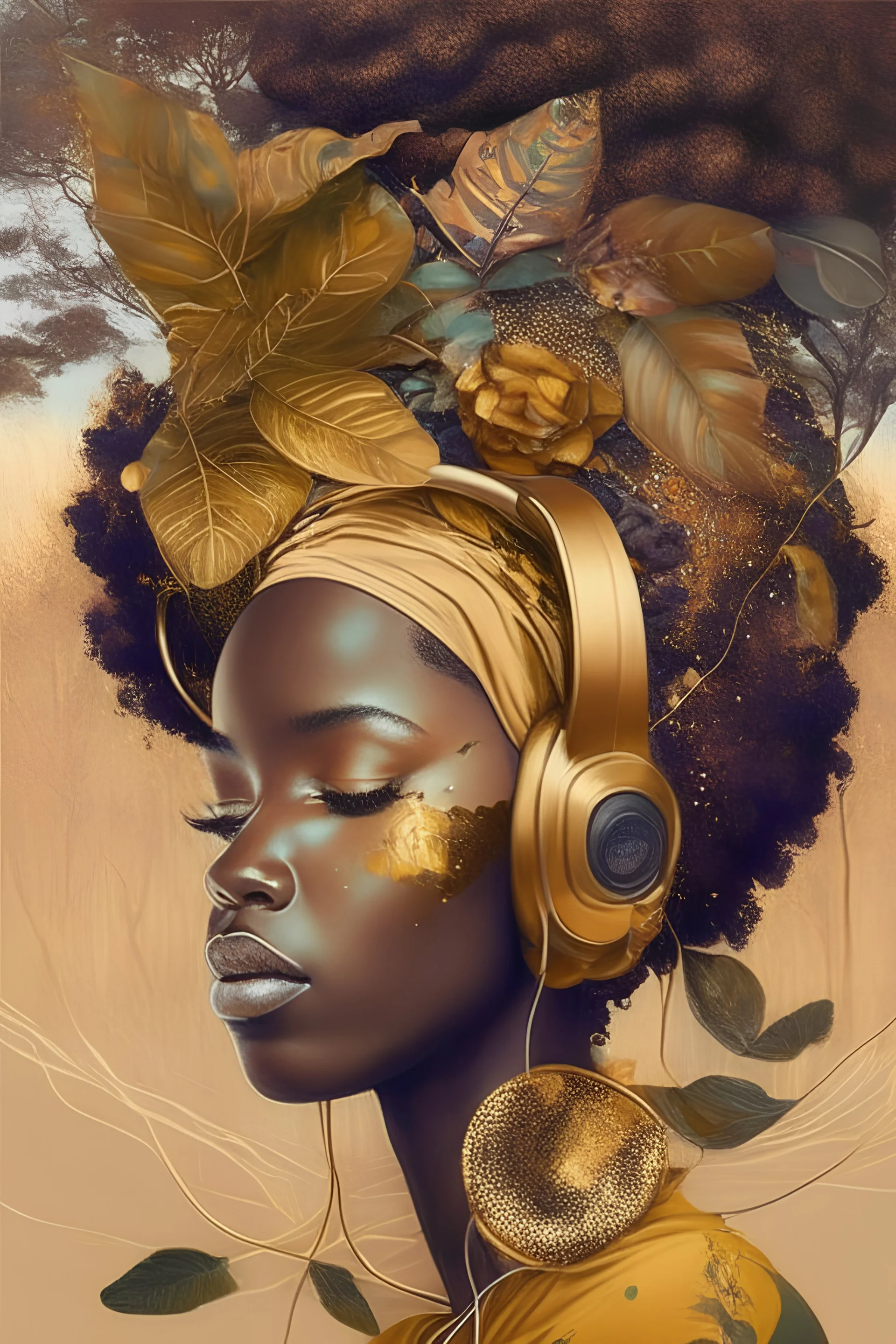 universe meets nature, african american woman, afro, gold jewellery, head scarf, headphones, music, earthy tones, hip hop vibes